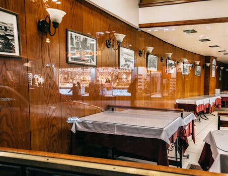 Empty restaurant interior in Istanbul with wooden walls and large mirrors reflecting the decor.