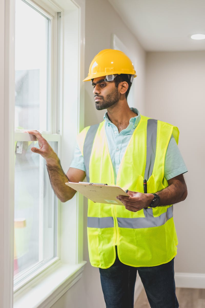 Construction worker with hard hat and clipboard checking building interior window.